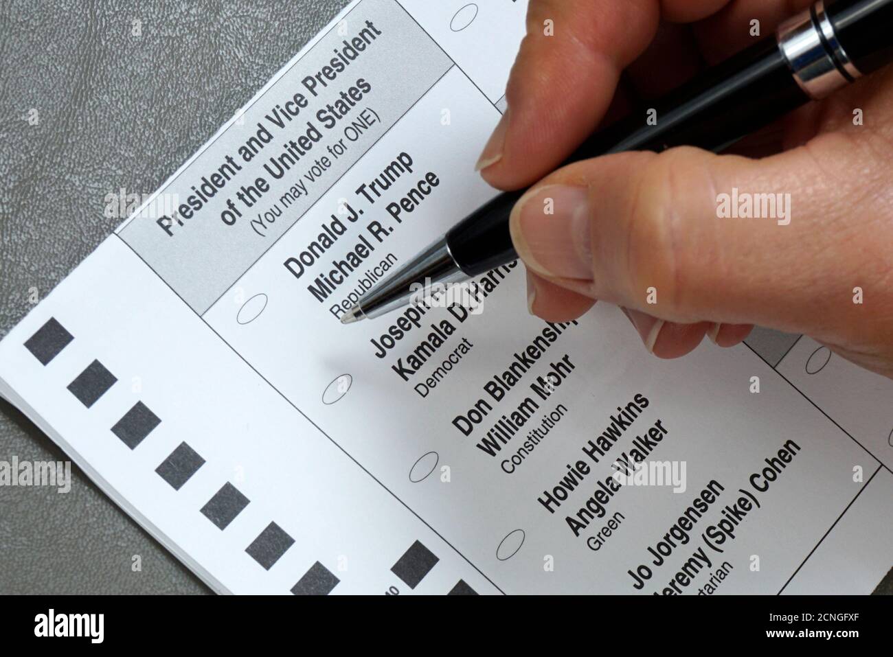 Primo piano di una mano con una penna che riempie un Absentee Voto per la Carolina del Nord Foto Stock