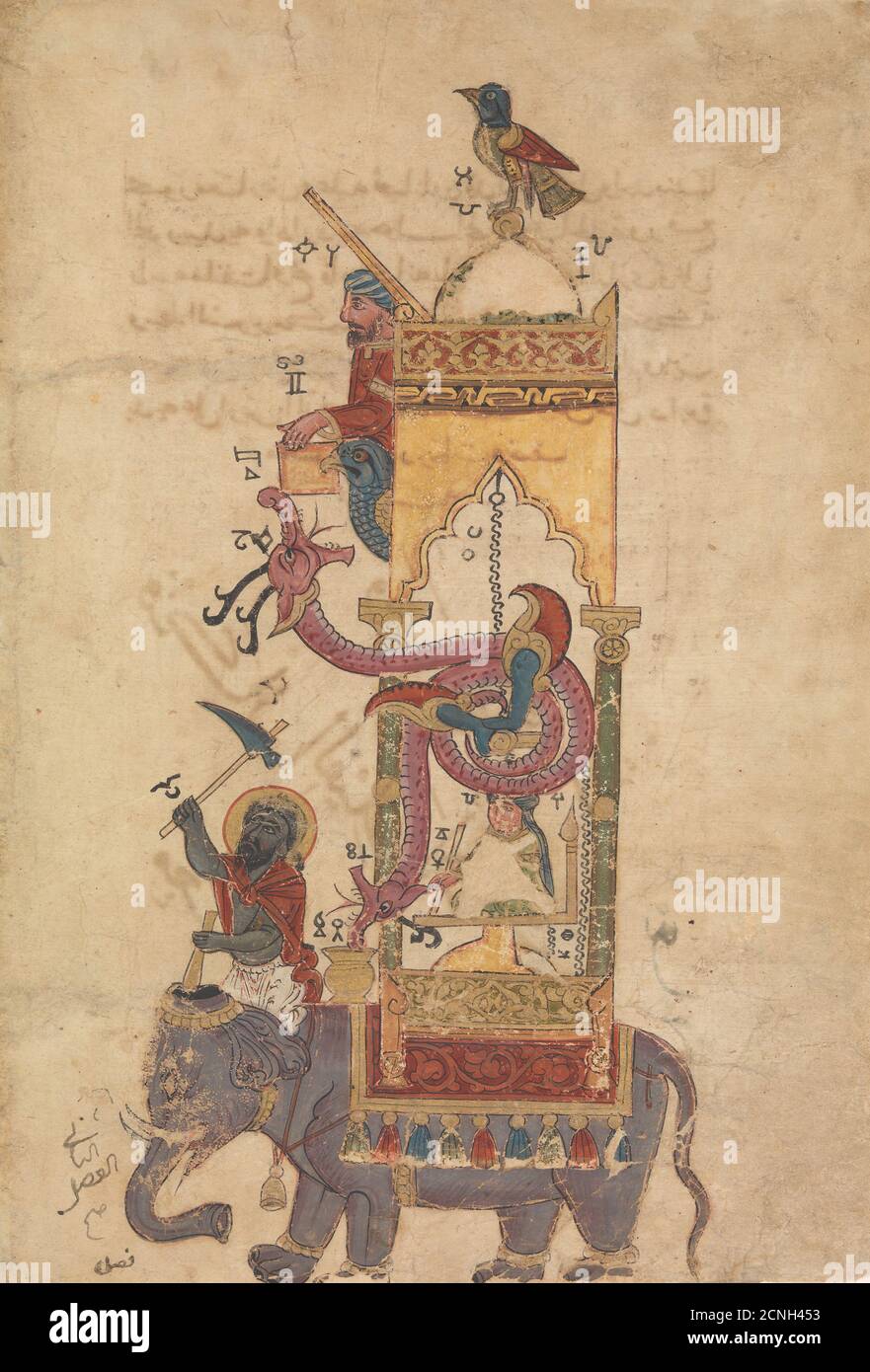 L'Orologio degli Elefanti, Folio da un Libro della conoscenza dei dispositivi meccanici ingegnosi di al-Jazari, datato A.H. 715/A.D. 1315. Foto Stock