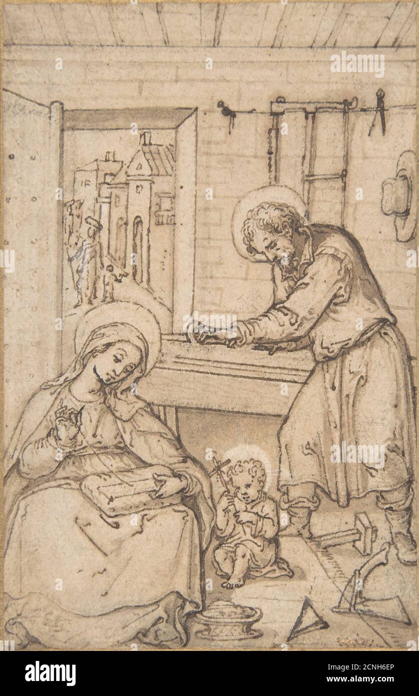 L'Infanzia di Cristo, nella bottega del falegname, 1534-93. Attribuito a Hans Bol. Precedentemente attribuito ad un artista del cerchio di Jan Gossart Foto Stock