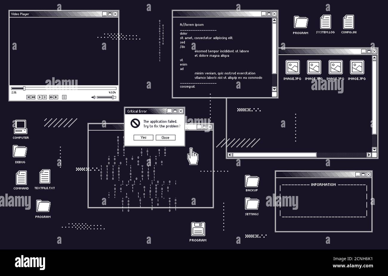 interfaccia utente retrò a 1 bit con lettore video, finestra di dialogo con informazioni di sistema e cartella aperta con immagini Illustrazione Vettoriale