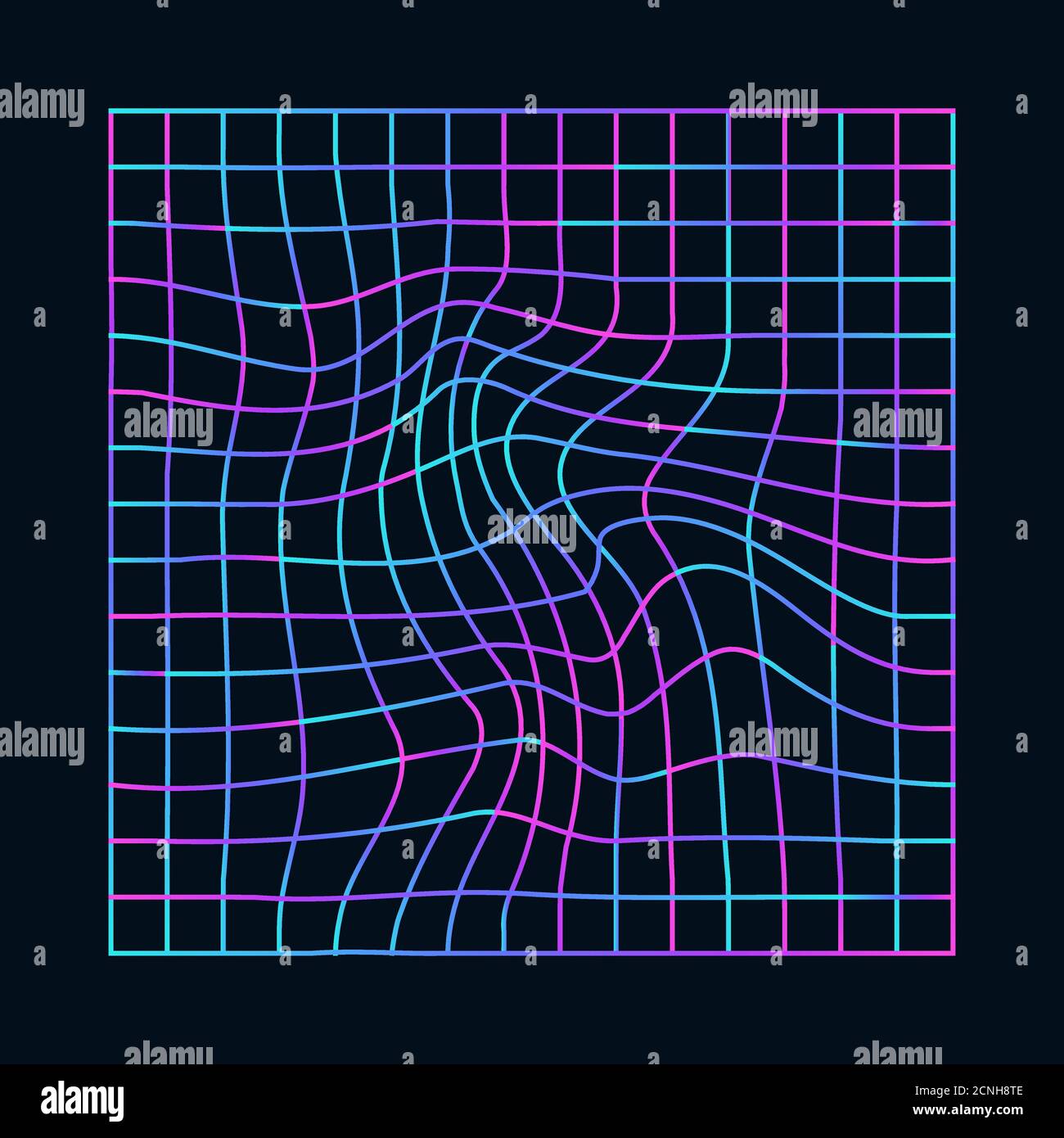 Cyberpunk distorta griglia al neon. Onda sinusoidale, a vaporonda. Sfondo tecnologico con colori diversi, olografico Illustrazione Vettoriale
