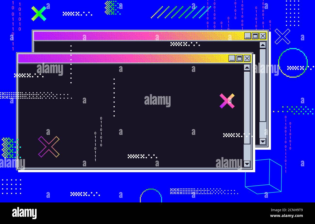 Vaporwave cyberpunk glitch retrovuturistico sfondo con finestre aperte. Interfaccia utente con colore neon Illustrazione Vettoriale