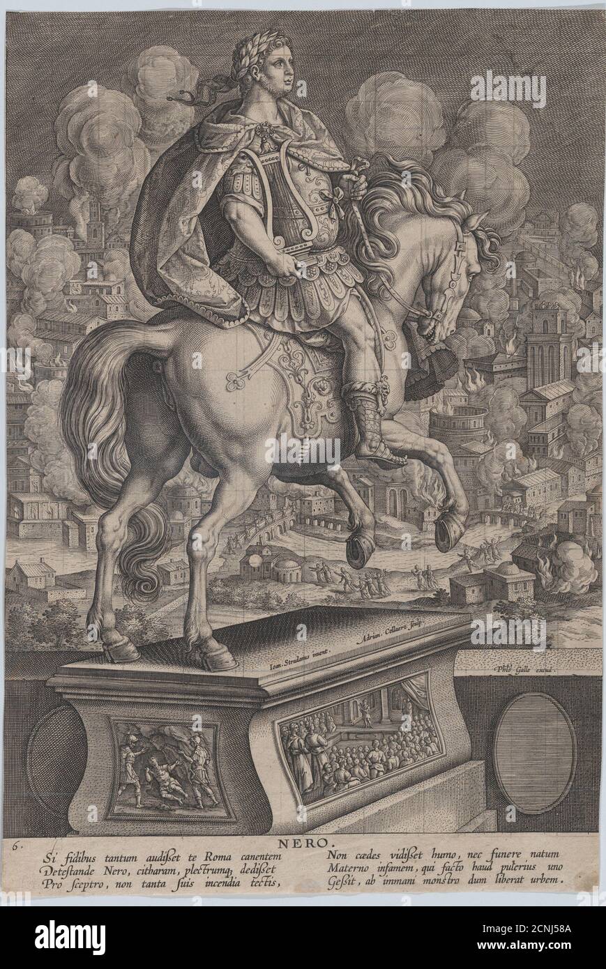 Piatto 6: Statua equestre di Nerone, vista da dietro, il Grande fuoco di Roma sullo sfondo, da 'imperatori romani a cavallo', ca. 1587-89. Foto Stock