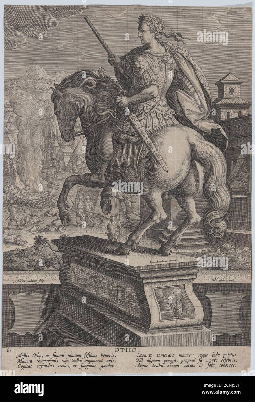 Piastra 8: Statua equestre di Otho, vista da dietro, la sua scena di morte sullo sfondo con lui che si pugnalava a destra e l'incendio del suo corpo a sinistra, da 'imperatori romani su Horseback', ca. 1587-89. Foto Stock