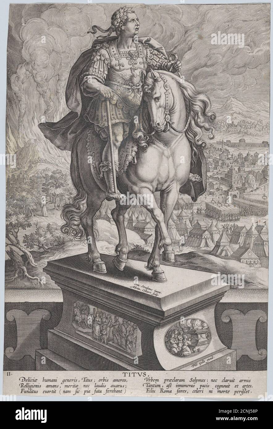 Piatto 11: Statua equestre di Tito, visto tre quarti a destra, il Vesuvio eruttando a sinistra sullo sfondo, da 'Imperatori Romani su Horseback', ca. 1587-89. Foto Stock