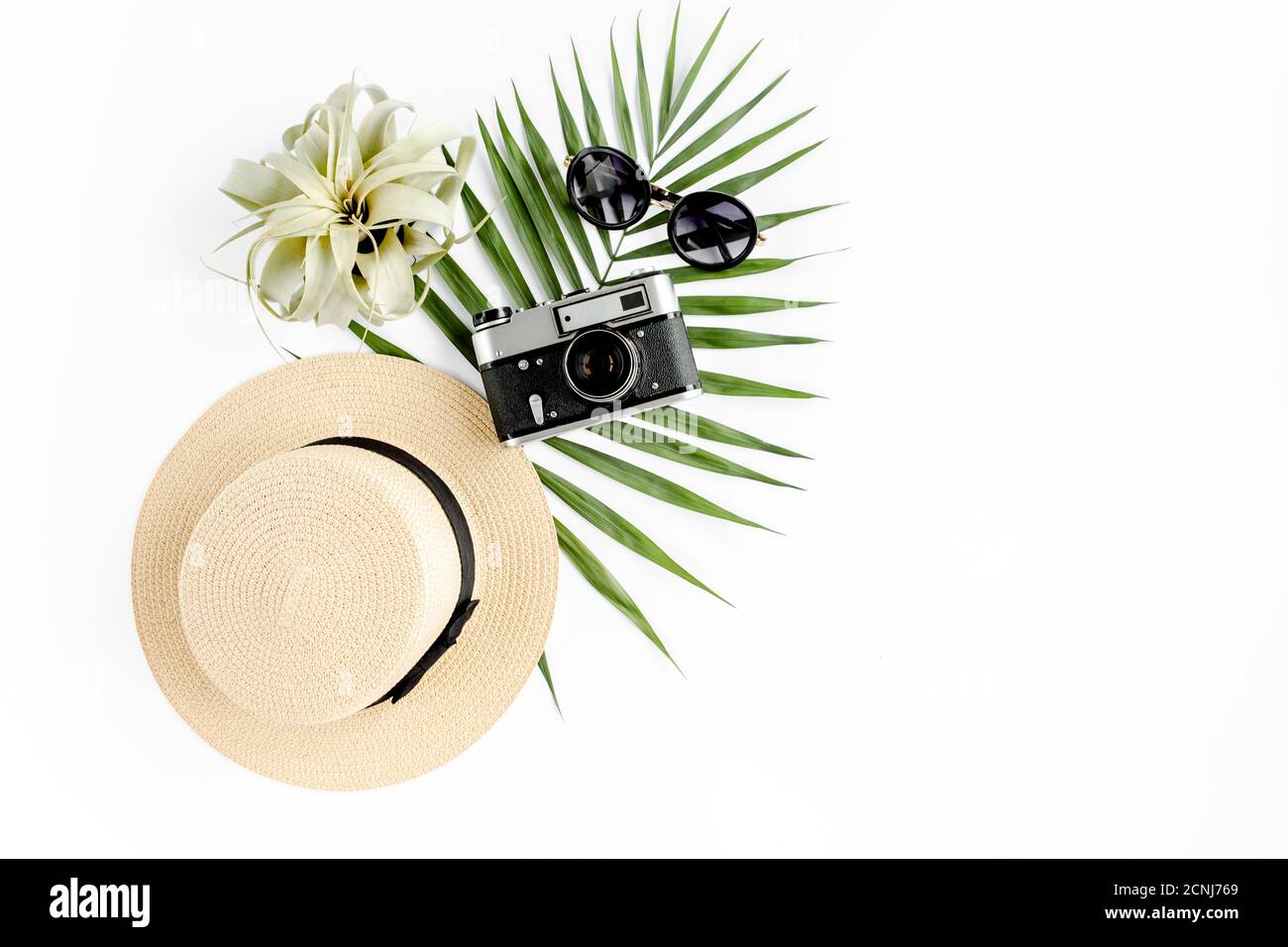 Accessori per viaggiatori in posa piatta su sfondo bianco con fotocamera retrò, cappello di paglia, occhiali da sole e foglia di palma tropicale. Informazioni di viaggio. Foto Stock