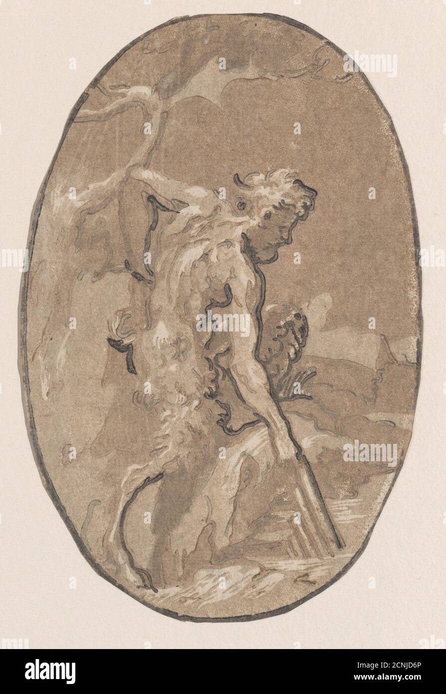Marsyas che disegnano la Syrinx dal fiume, ca. 1540-50. Precedentemente attribuito a Ugo da Carpi. Foto Stock