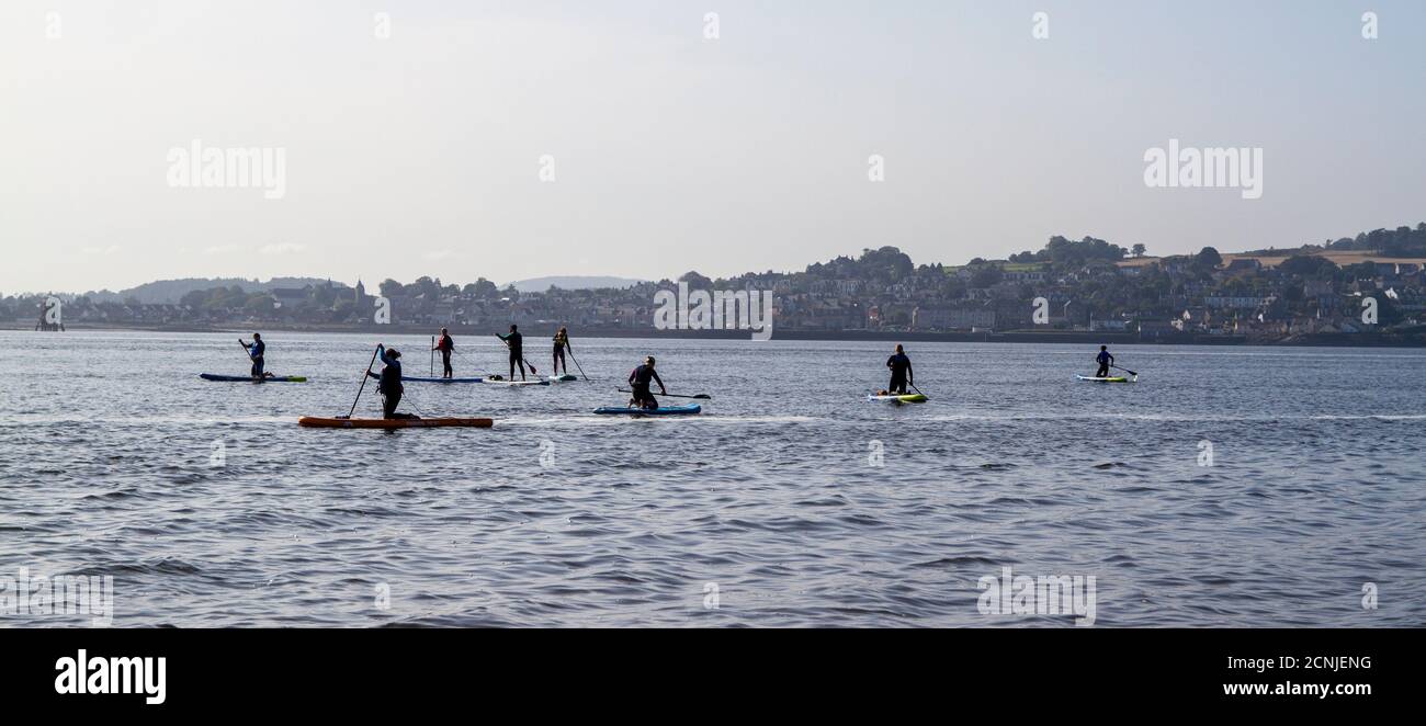 Dundee, Tayside, Scozia, Regno Unito. 18 Settembre 2020. Regno Unito tempo: Caldo e sole frizzante in tutto il Nord-Est della Scozia con temperature che raggiungono i 18°C. Dundee stand up Paddleboarders gruppo (noto come SUP) prendere la giornata fuori per godere il glorioso tempo metà settembre paddleboarding sul fiume Tay estuario a Broughty Ferry spiaggia. Credit: Dundee Photographics/Alamy Live News Foto Stock