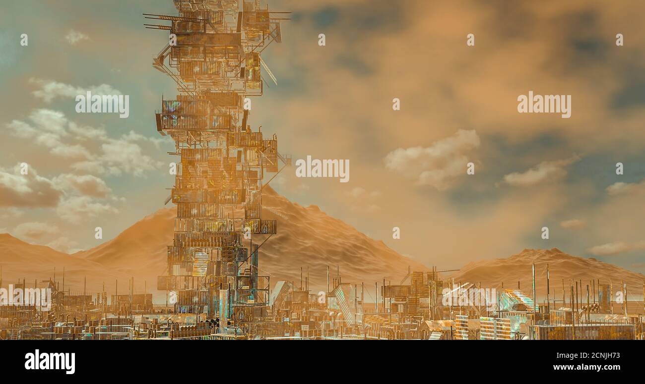 Container post-apocalittico città futuro mondo di sformo, polvere, calore e guerre 3d rendering Foto Stock