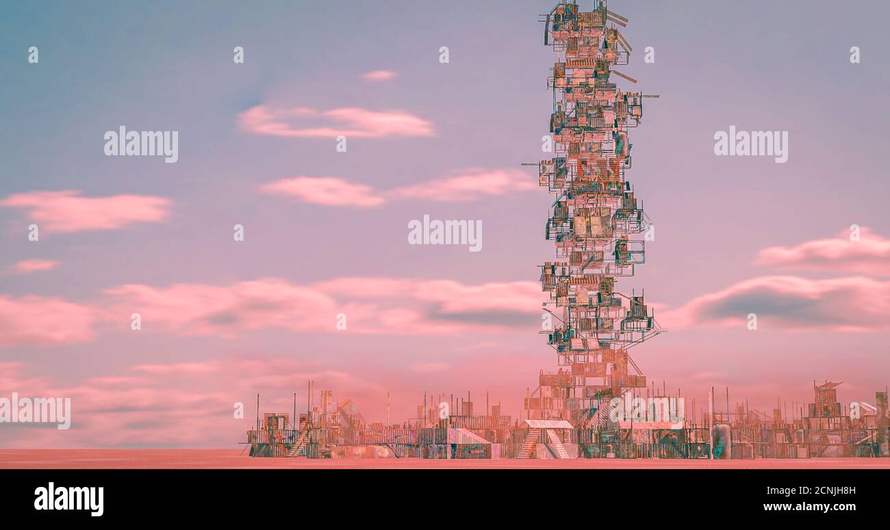 Container post-apocalittico città futuro mondo di sformo, polvere, calore e guerre 3d rendering Foto Stock