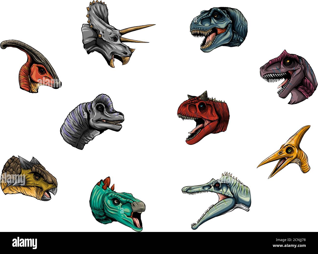 collezione di teste di dinosauro, con colori carino vettore Illustrazione Vettoriale