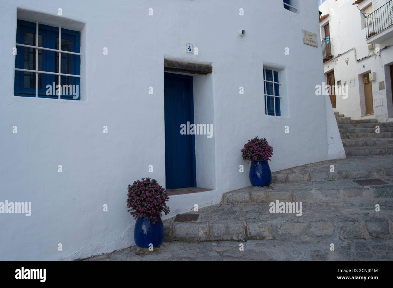 Ibiza, Ibiza città, Eivissa, Isole Baleari, muro di casa, porta anteriore, finestra, griglia, scale, piante, vicolo, Foto Stock