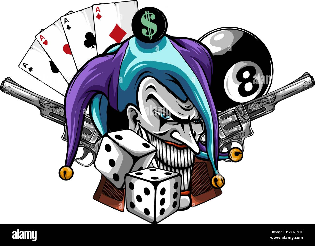 Vettore mano disegnata illustrazione di arrabbiato clown con pistole isolate. Illustrazione Vettoriale