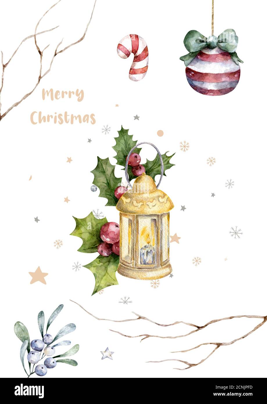 Candela rossa di Natale con boughs di agrifoglio. Watercolor winter disegnato a mano Imposta illustrazione isolata su sfondo bianco Foto Stock