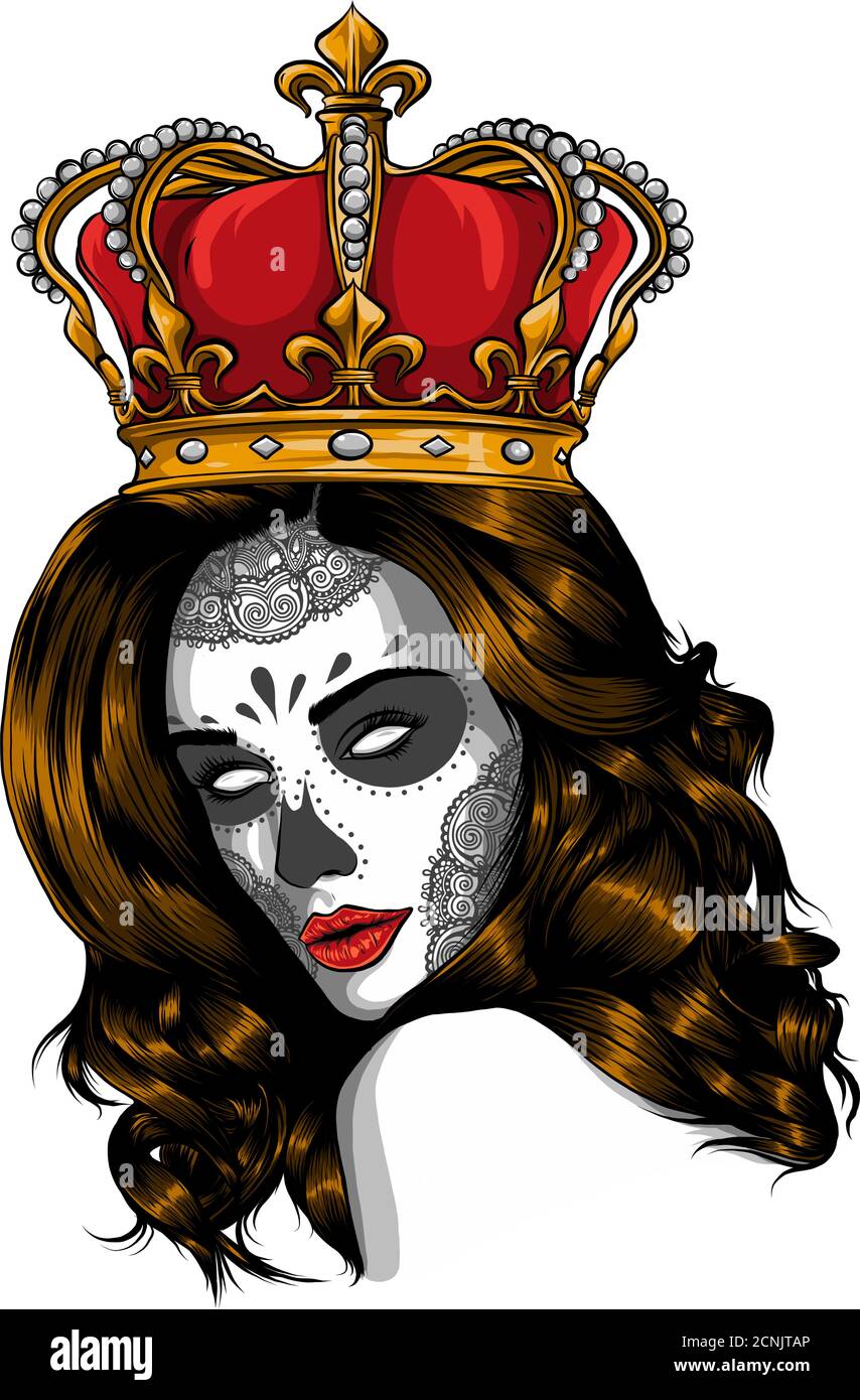 Cranio ragazza con una corona. Disegno grafico vettoriale Illustrazione Vettoriale