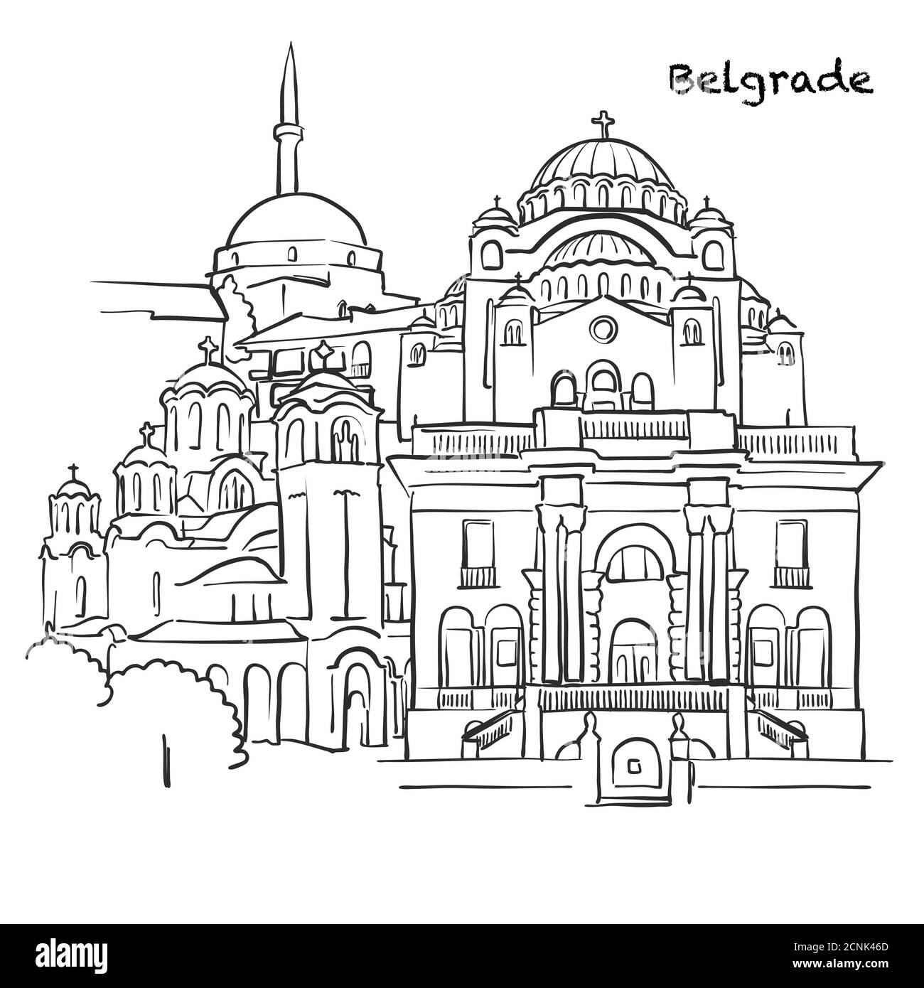 Edifici famosi di Belgrado, composizione della Serbia. Illustrazione vettoriale in bianco e nero disegnata a mano. Oggetti raggruppati e mobili. Illustrazione Vettoriale