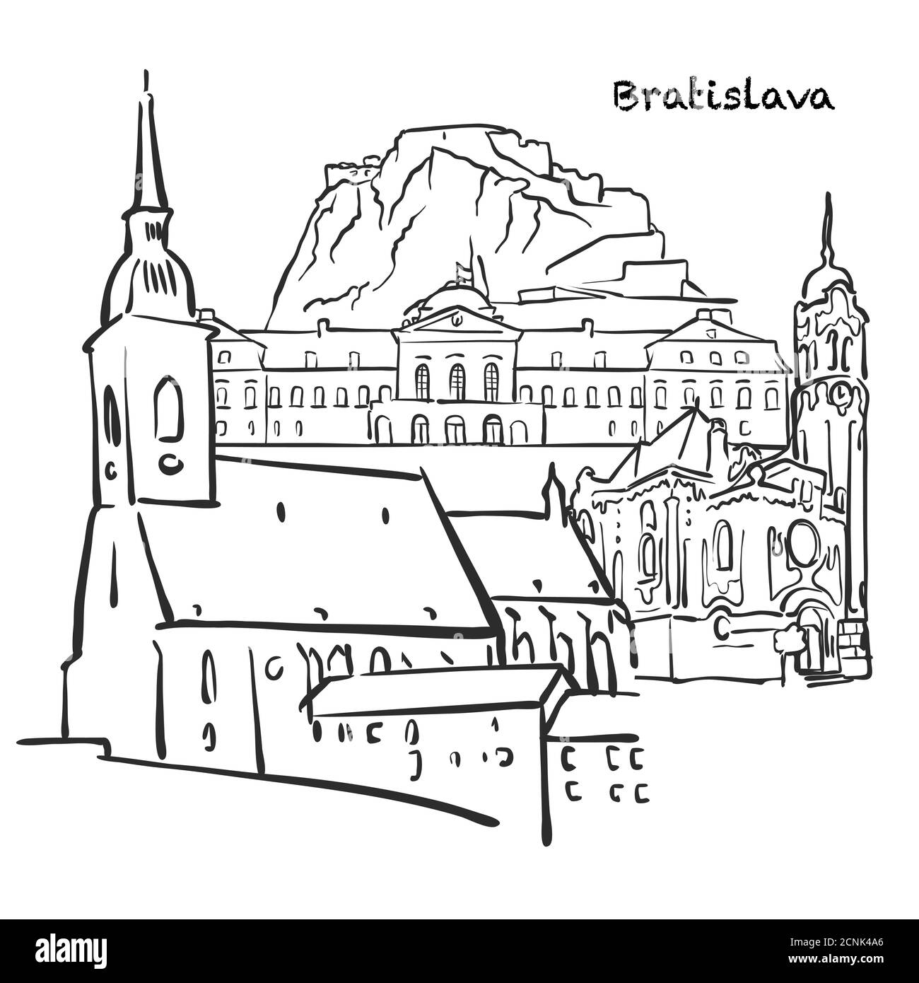 Famosi edifici di Bratislava, composizione slovacca. Illustrazione vettoriale in bianco e nero disegnata a mano. Oggetti raggruppati e mobili. Illustrazione Vettoriale