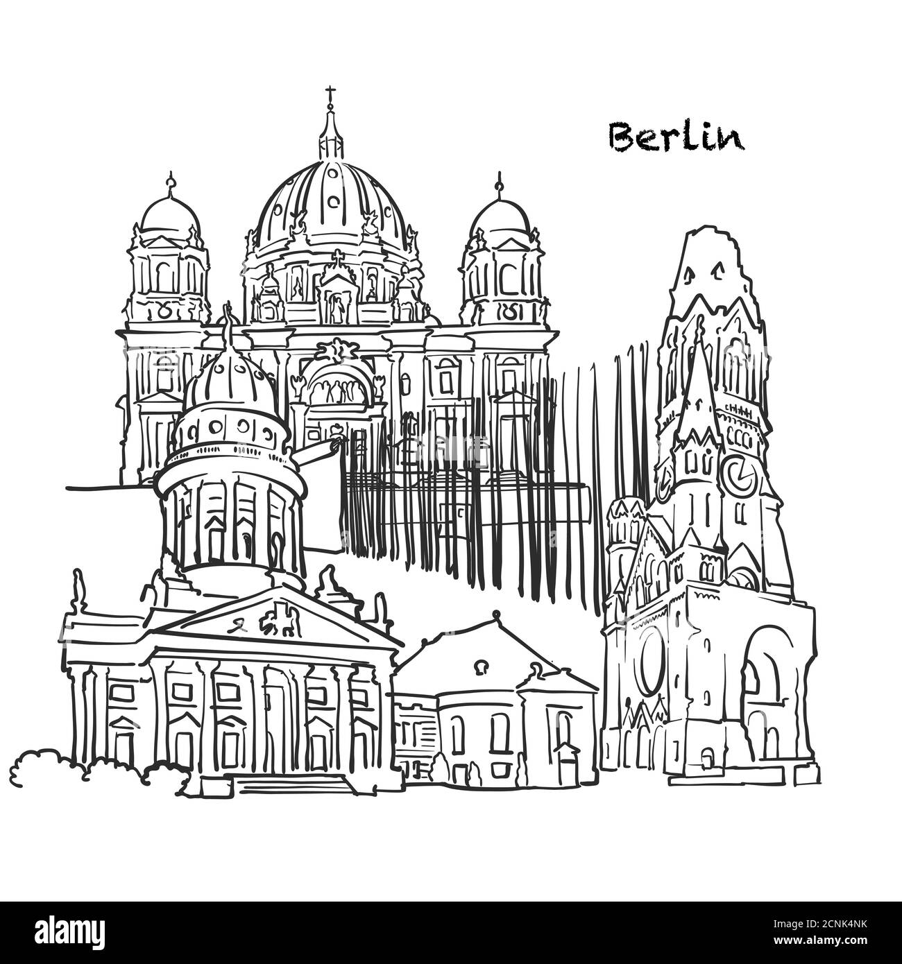 Famosi edifici di Berlino, composizione tedesca. Illustrazione vettoriale in bianco e nero disegnata a mano. Oggetti raggruppati e mobili. Illustrazione Vettoriale