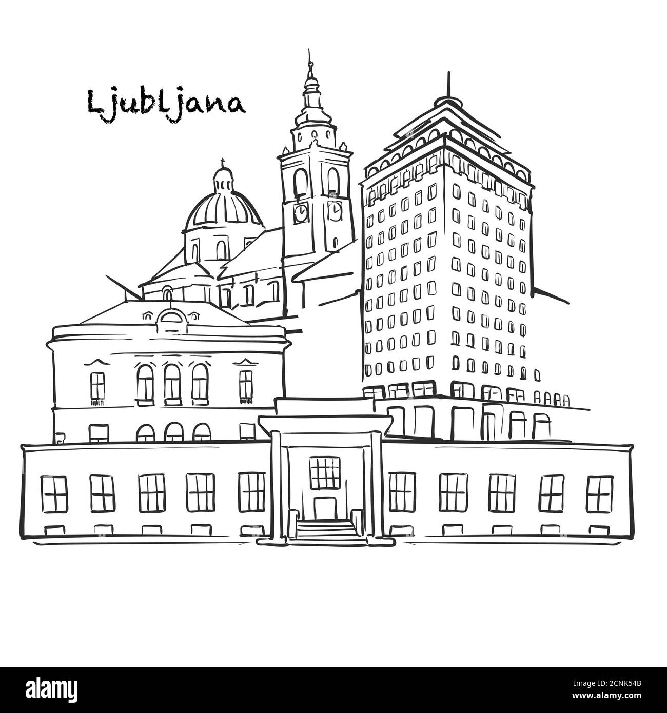 Famosi edifici di Lubiana, composizione slovena. Illustrazione vettoriale in bianco e nero disegnata a mano. Oggetti raggruppati e mobili. Illustrazione Vettoriale