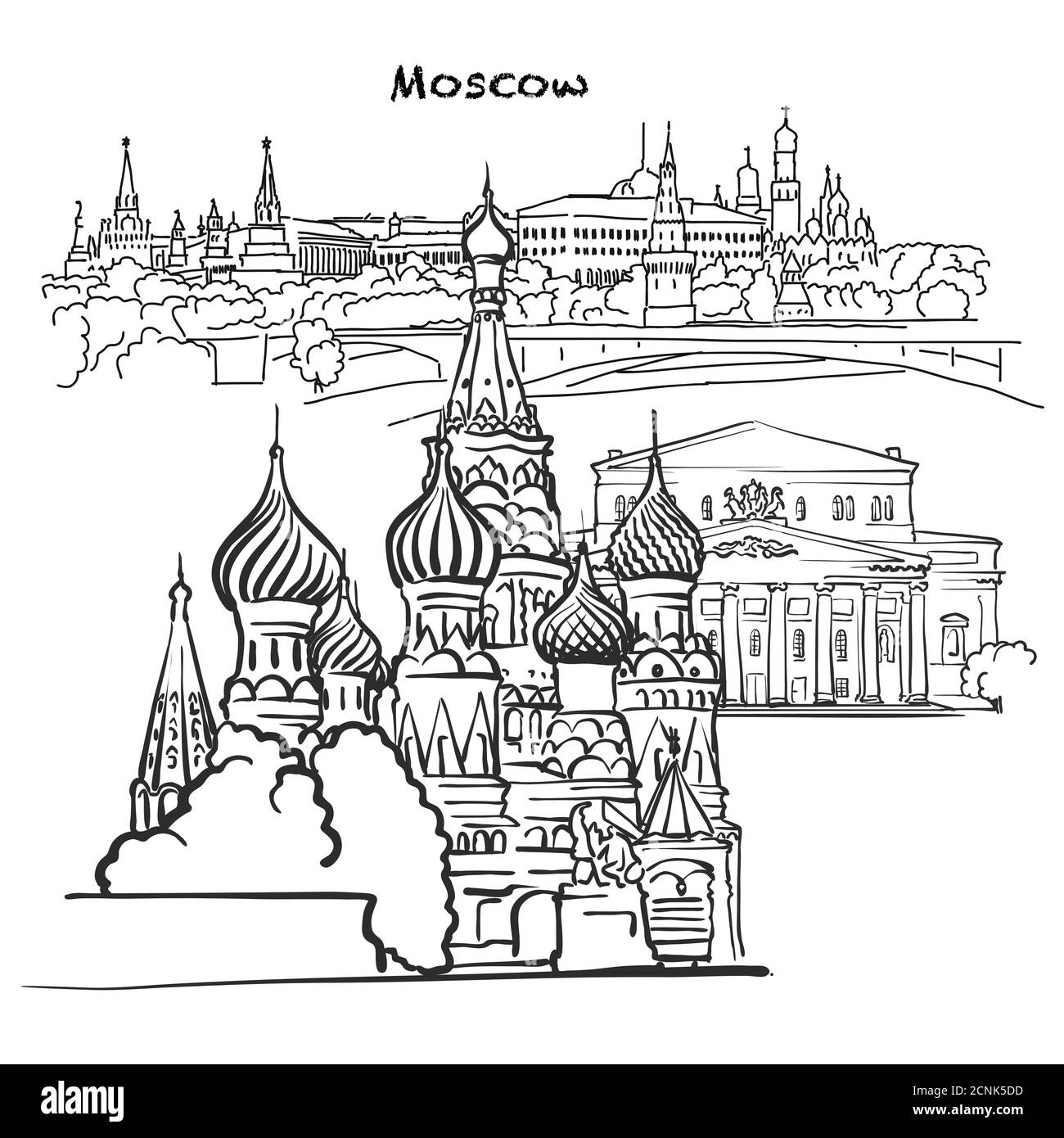 Edifici famosi di Mosca, composizione russa. Illustrazione vettoriale in bianco e nero disegnata a mano. Oggetti raggruppati e mobili. Illustrazione Vettoriale