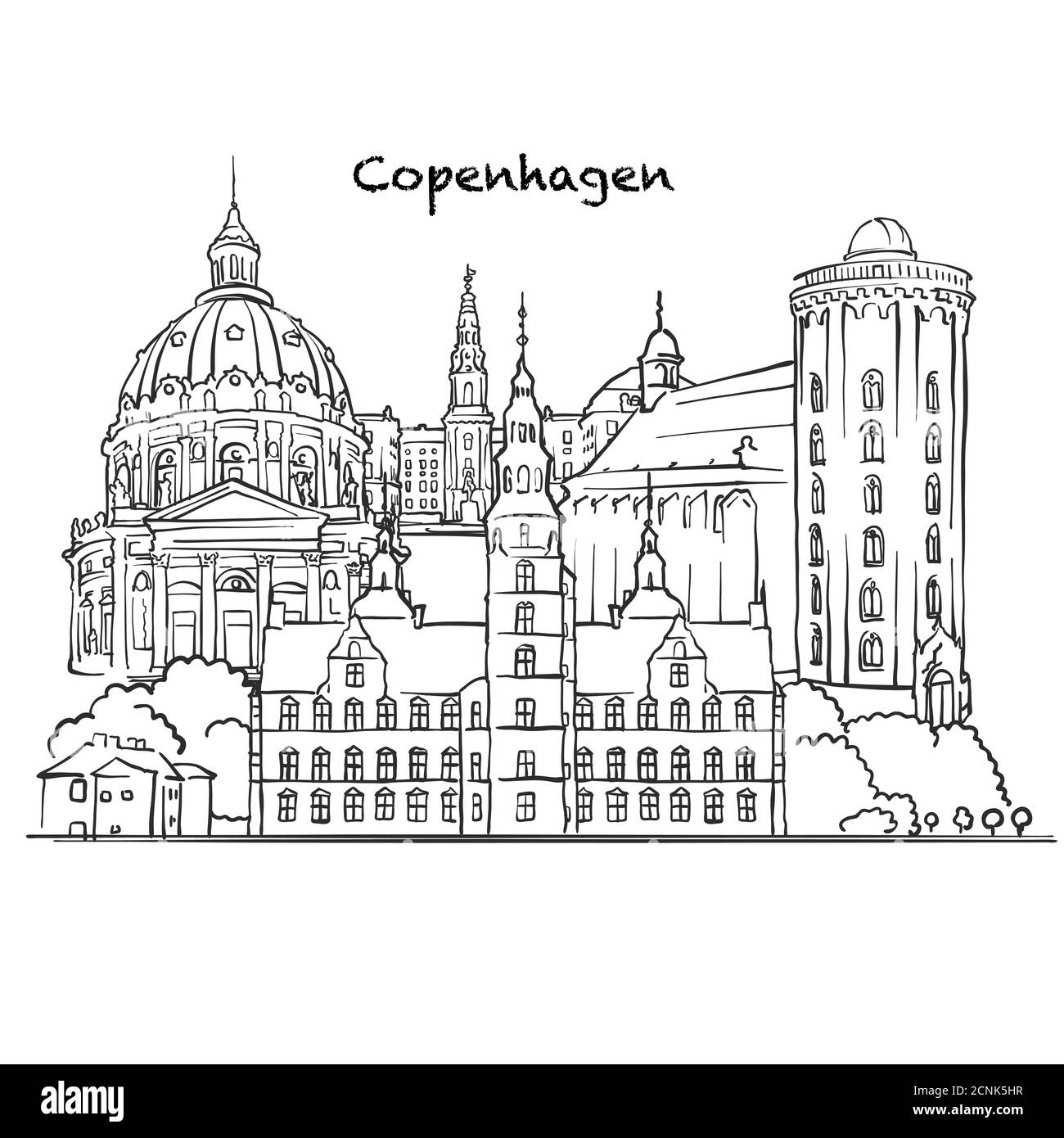 Famosi edifici di Copenhagen, composizione danese. Illustrazione vettoriale in bianco e nero disegnata a mano. Oggetti raggruppati e mobili. Illustrazione Vettoriale