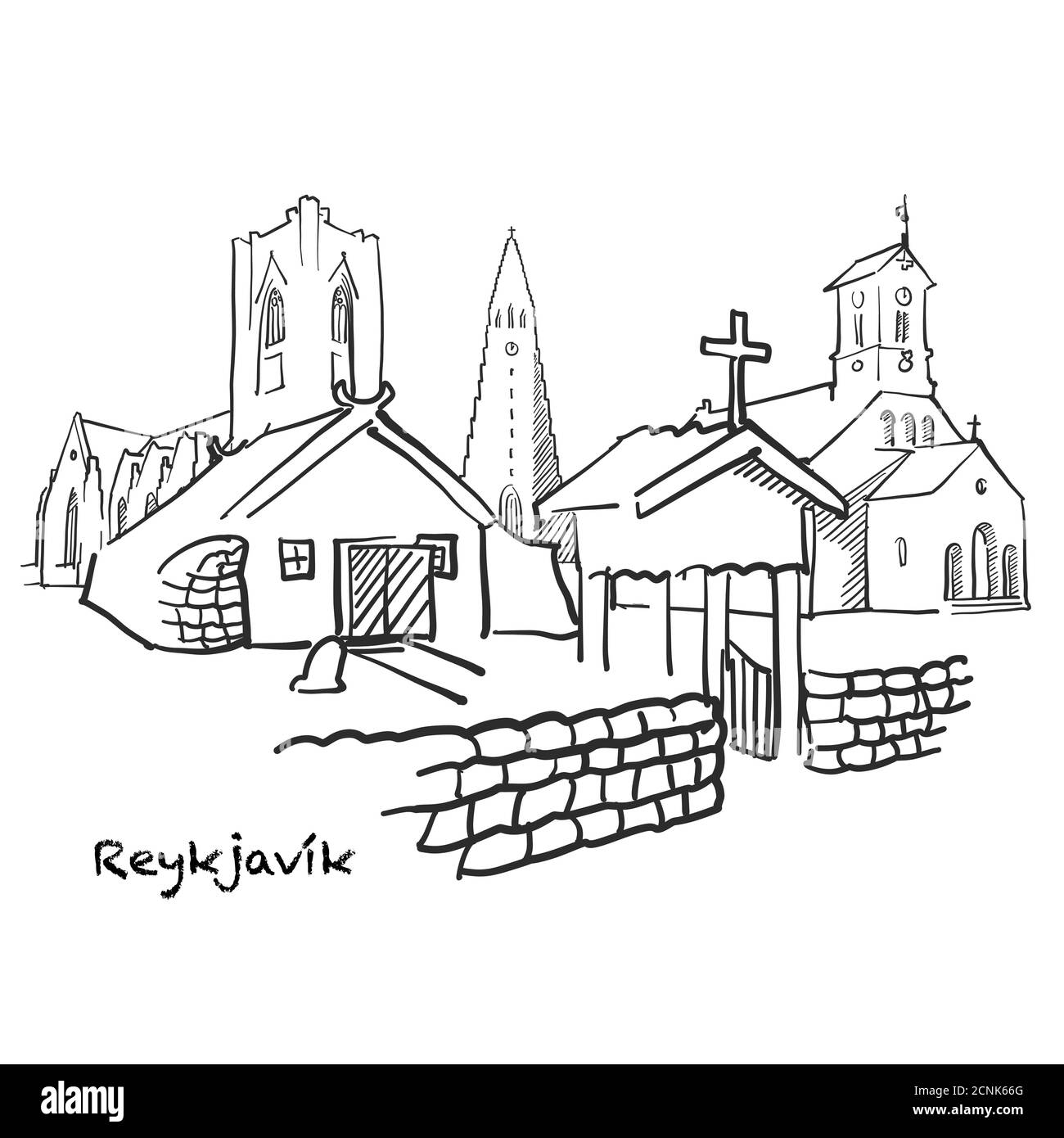 Famosi edifici di Reykjavík, composizione islandese. Illustrazione vettoriale in bianco e nero disegnata a mano. Oggetti raggruppati e mobili. Illustrazione Vettoriale