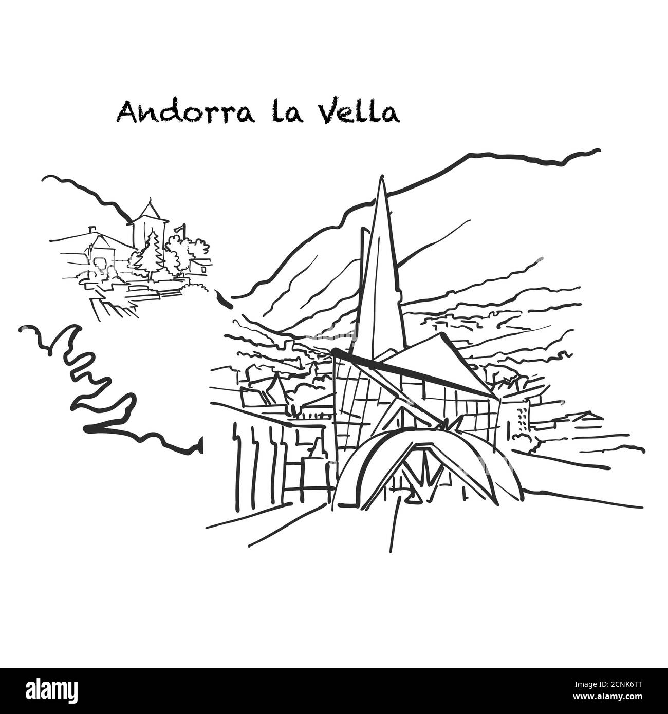 Famosi edifici di Andorra la Vella, composizione Andorra. Illustrazione vettoriale in bianco e nero disegnata a mano. Oggetti raggruppati e mobili. Illustrazione Vettoriale