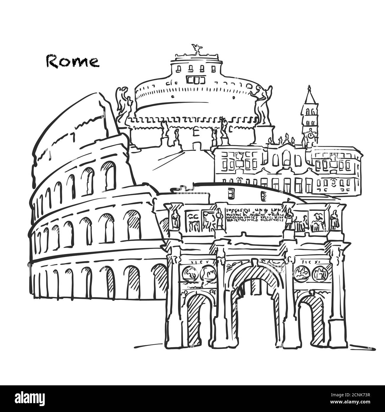 Famosi edifici di Roma, composizione italiana. Illustrazione vettoriale in bianco e nero disegnata a mano. Oggetti raggruppati e mobili. Illustrazione Vettoriale