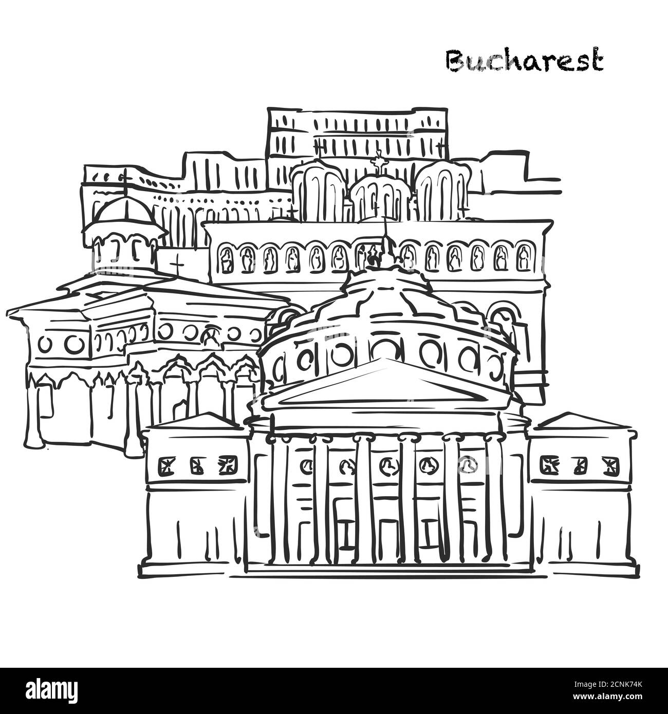 Edifici famosi di Bucarest, composizione Romania. Illustrazione vettoriale in bianco e nero disegnata a mano. Oggetti raggruppati e mobili. Illustrazione Vettoriale