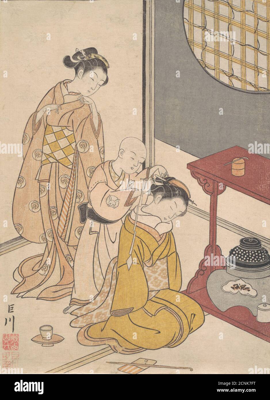 Night Rain al Double-Shelf Stand, dalla serie otto Parlor View (Zashiki hakkei), ca. 1766. Foto Stock