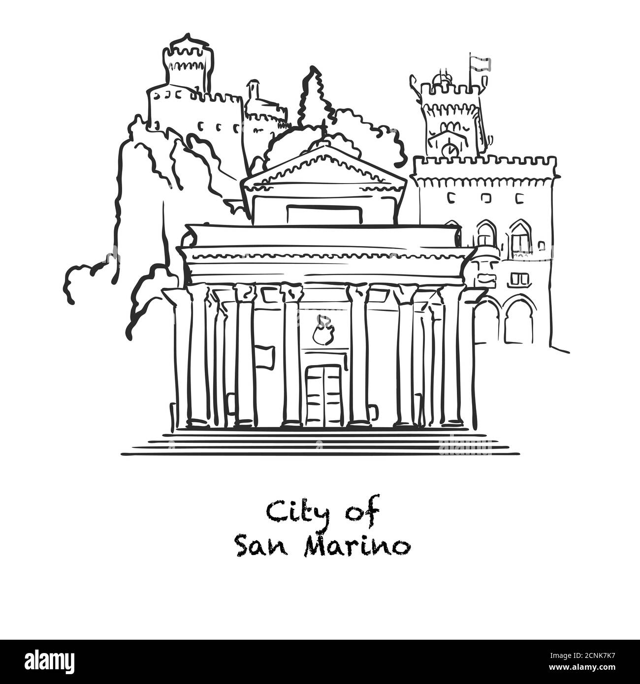 Famosi edifici della Città di San Marino, composizione di San Marino. Illustrazione vettoriale in bianco e nero disegnata a mano. Oggetti raggruppati e mobili. Illustrazione Vettoriale