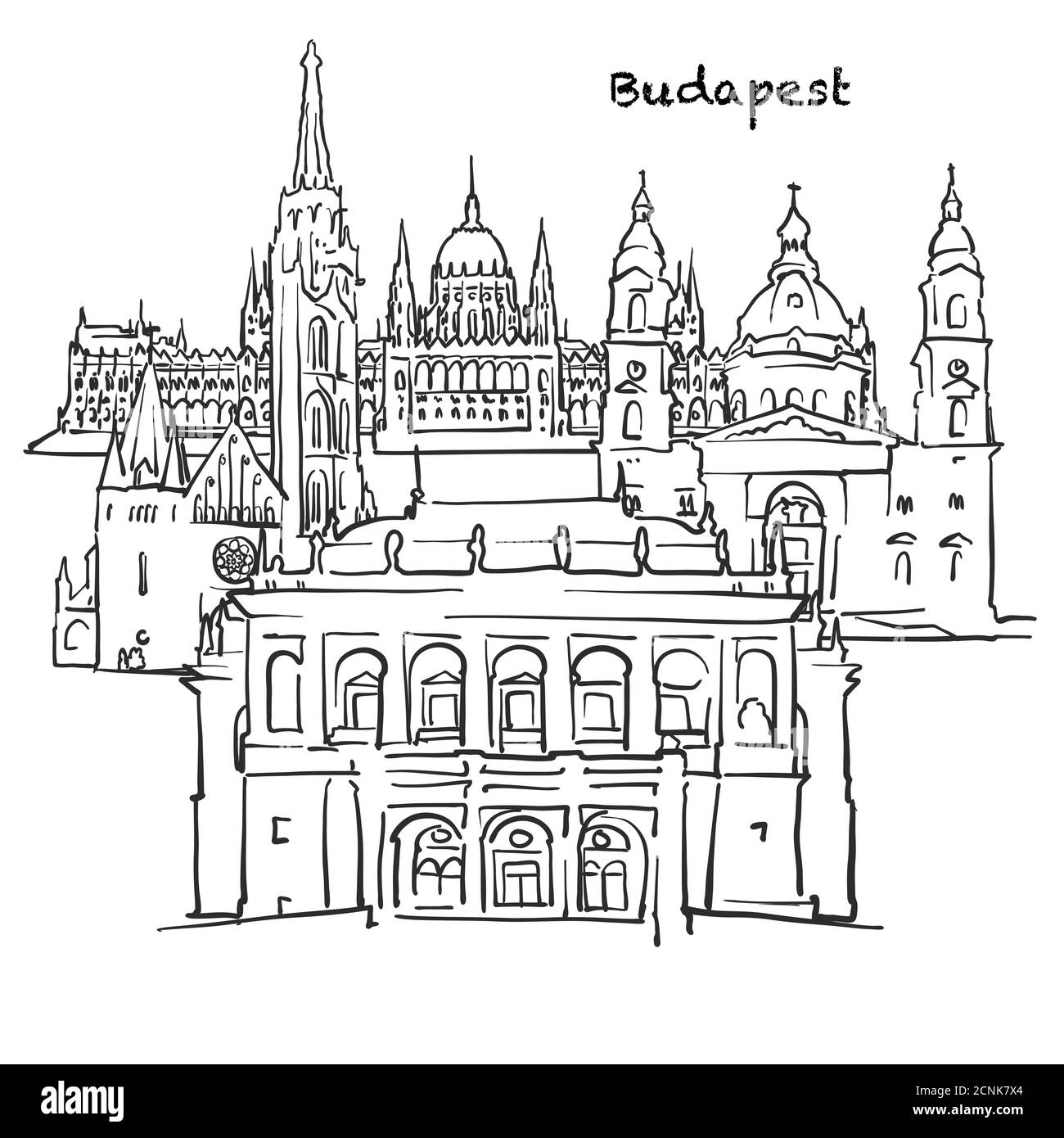 Famosi edifici di Budapest, composizione ungherese. Illustrazione vettoriale in bianco e nero disegnata a mano. Oggetti raggruppati e mobili. Illustrazione Vettoriale