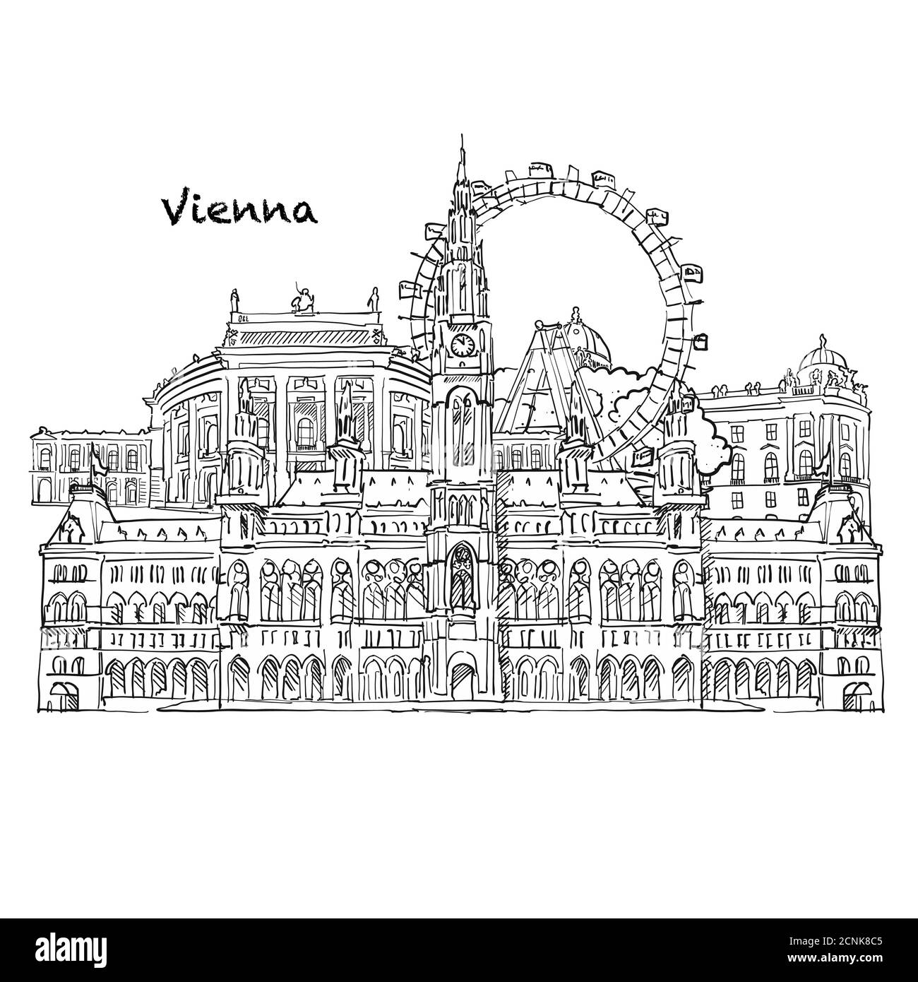 Famosi edifici di Vienna, composizione austriaca. Illustrazione vettoriale in bianco e nero disegnata a mano. Oggetti raggruppati e mobili. Illustrazione Vettoriale