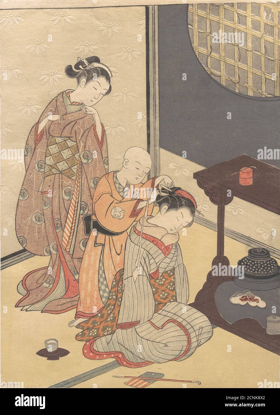 Night Rain al Double-Shelf Stand, dalla serie otto Parlour View (Zashiki hakkei), ca. Fine 18 ° secolo. Foto Stock