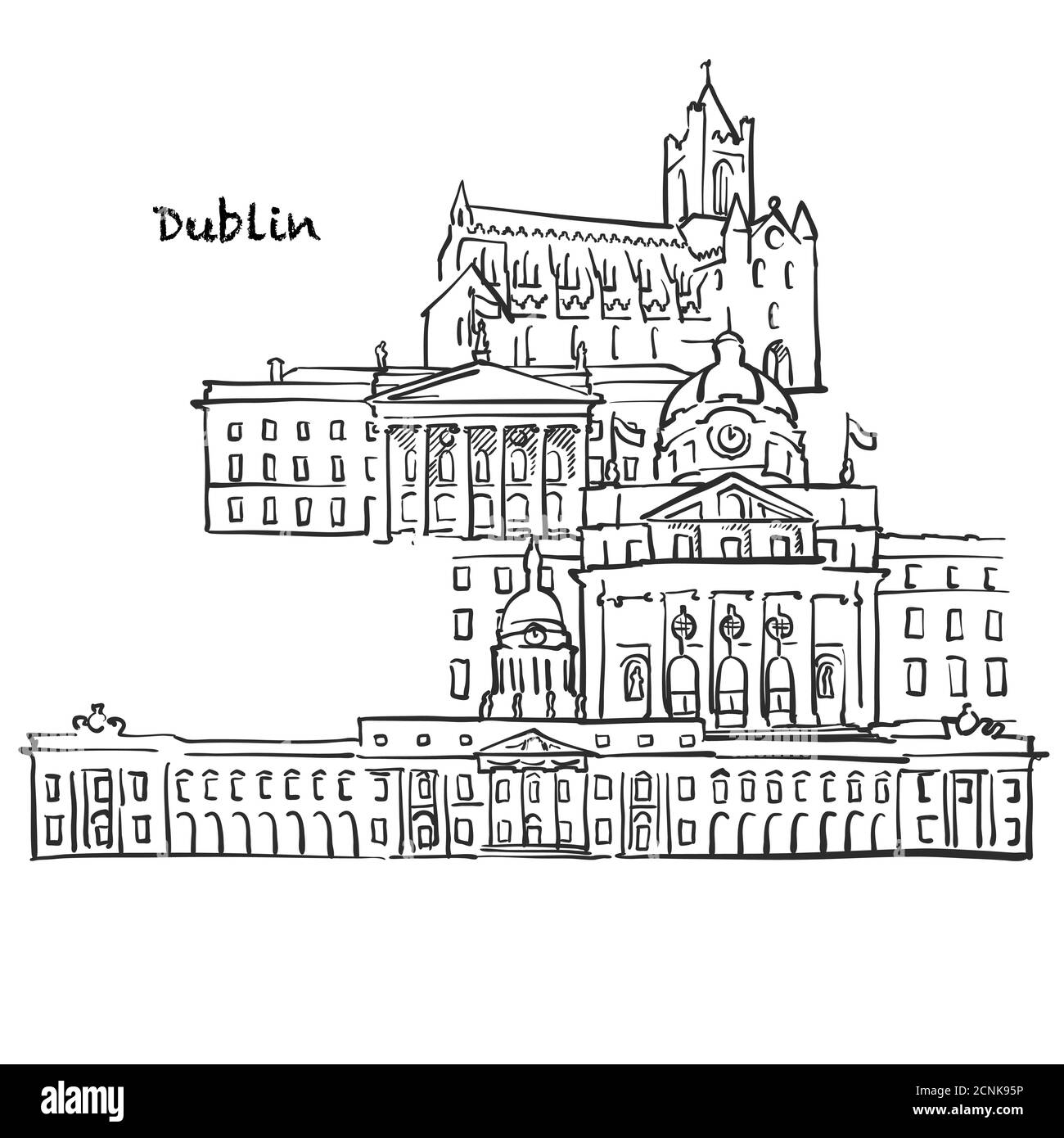 Edifici famosi di Dublino, Irlanda composizione. Illustrazione vettoriale in bianco e nero disegnata a mano. Oggetti raggruppati e mobili. Illustrazione Vettoriale
