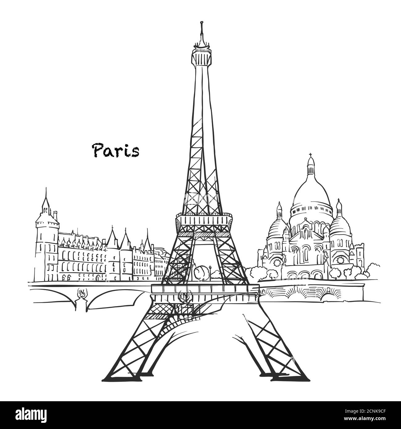 Edifici famosi di Parigi, Francia composizione. Illustrazione vettoriale in bianco e nero disegnata a mano. Oggetti raggruppati e mobili. Illustrazione Vettoriale