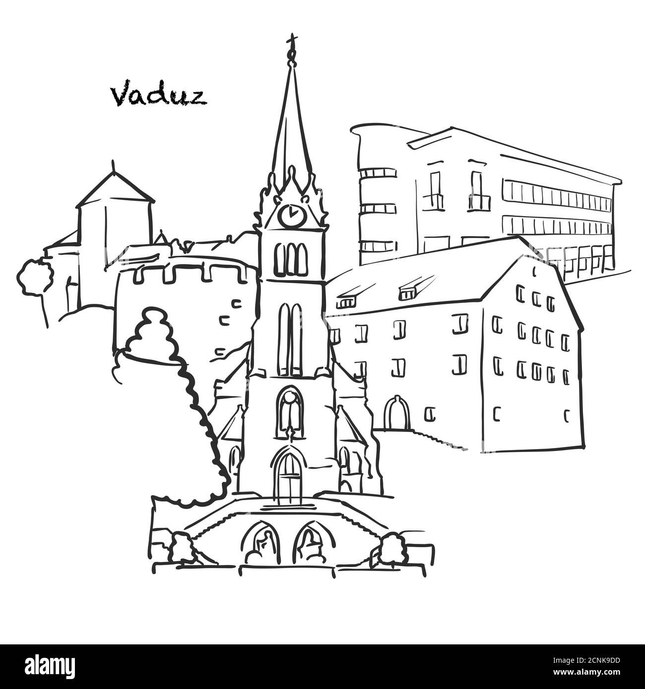Famosi edifici di Vaduz, composizione Liechtenstein. Illustrazione vettoriale in bianco e nero disegnata a mano. Oggetti raggruppati e mobili. Illustrazione Vettoriale