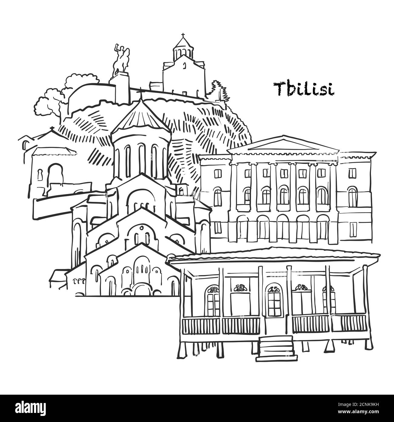 Famosi edifici di Tbilisi, Montenegro composizione. Illustrazione vettoriale in bianco e nero disegnata a mano. Oggetti raggruppati e mobili. Illustrazione Vettoriale