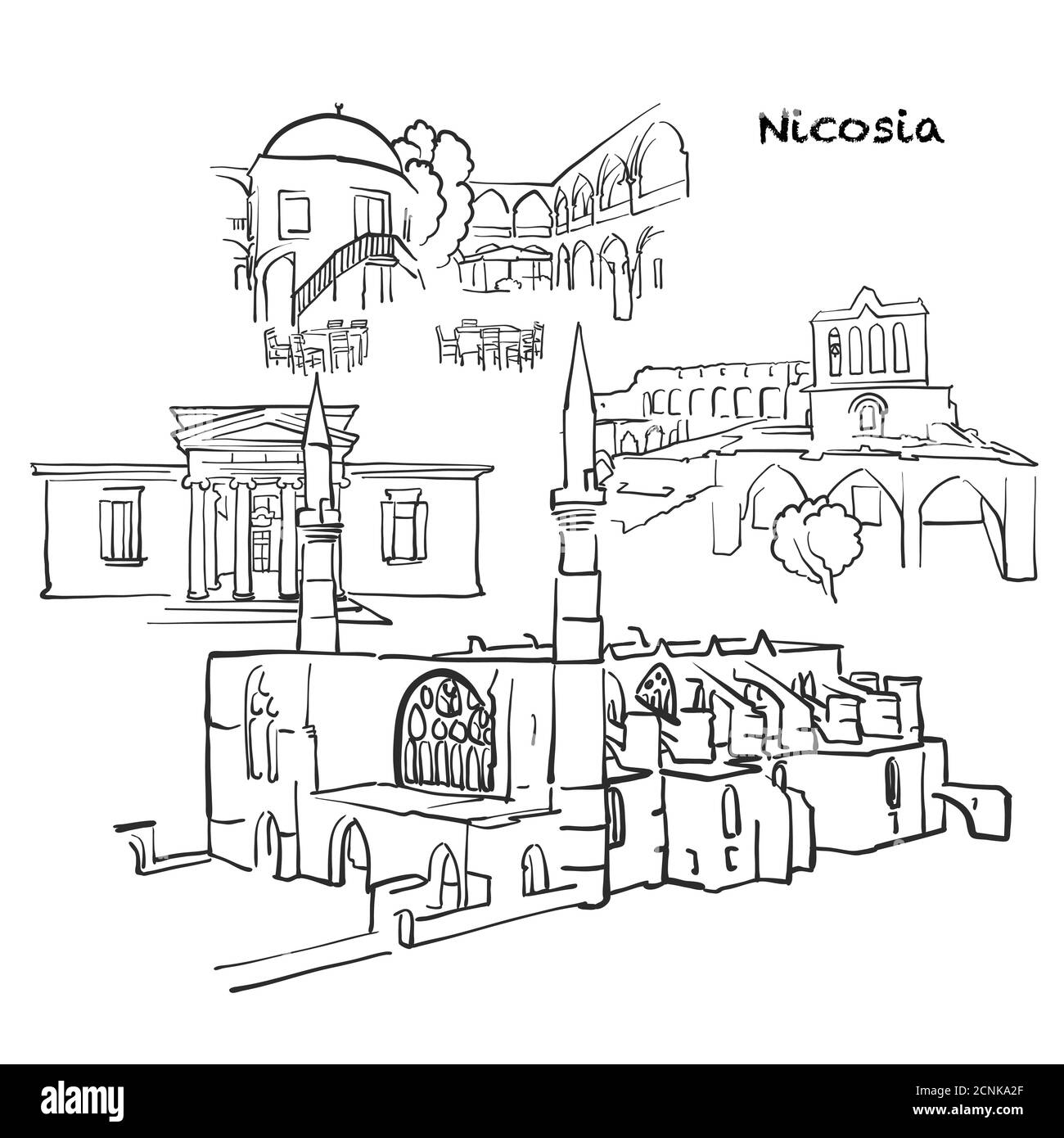 Edifici famosi di Nicosia, composizione di Cipro. Illustrazione vettoriale in bianco e nero disegnata a mano. Oggetti raggruppati e mobili. Illustrazione Vettoriale