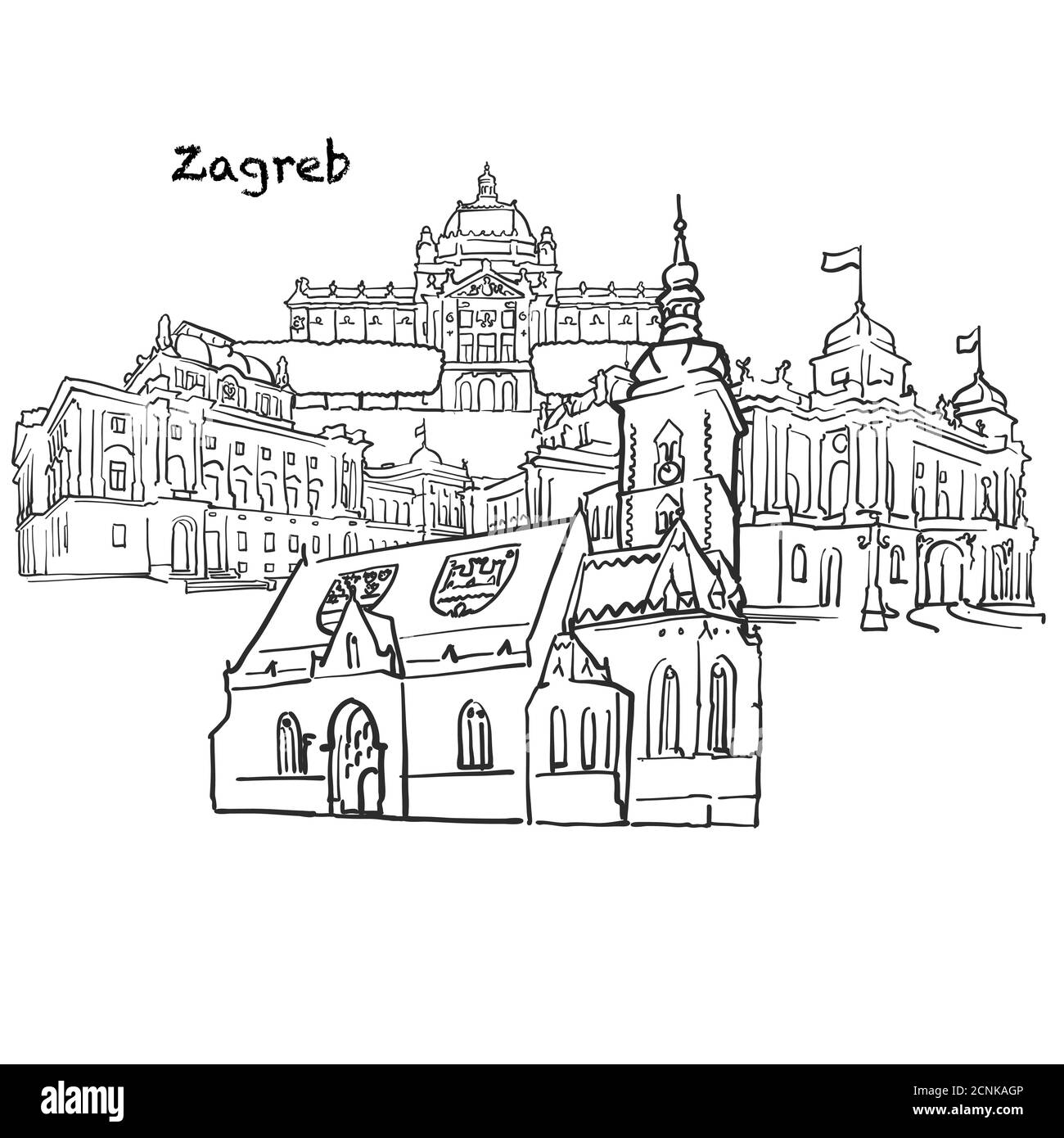 Edifici famosi di Zagabria, Croazia (Hrvatska) composizione. Illustrazione vettoriale in bianco e nero disegnata a mano. Oggetti raggruppati e mobili. Illustrazione Vettoriale