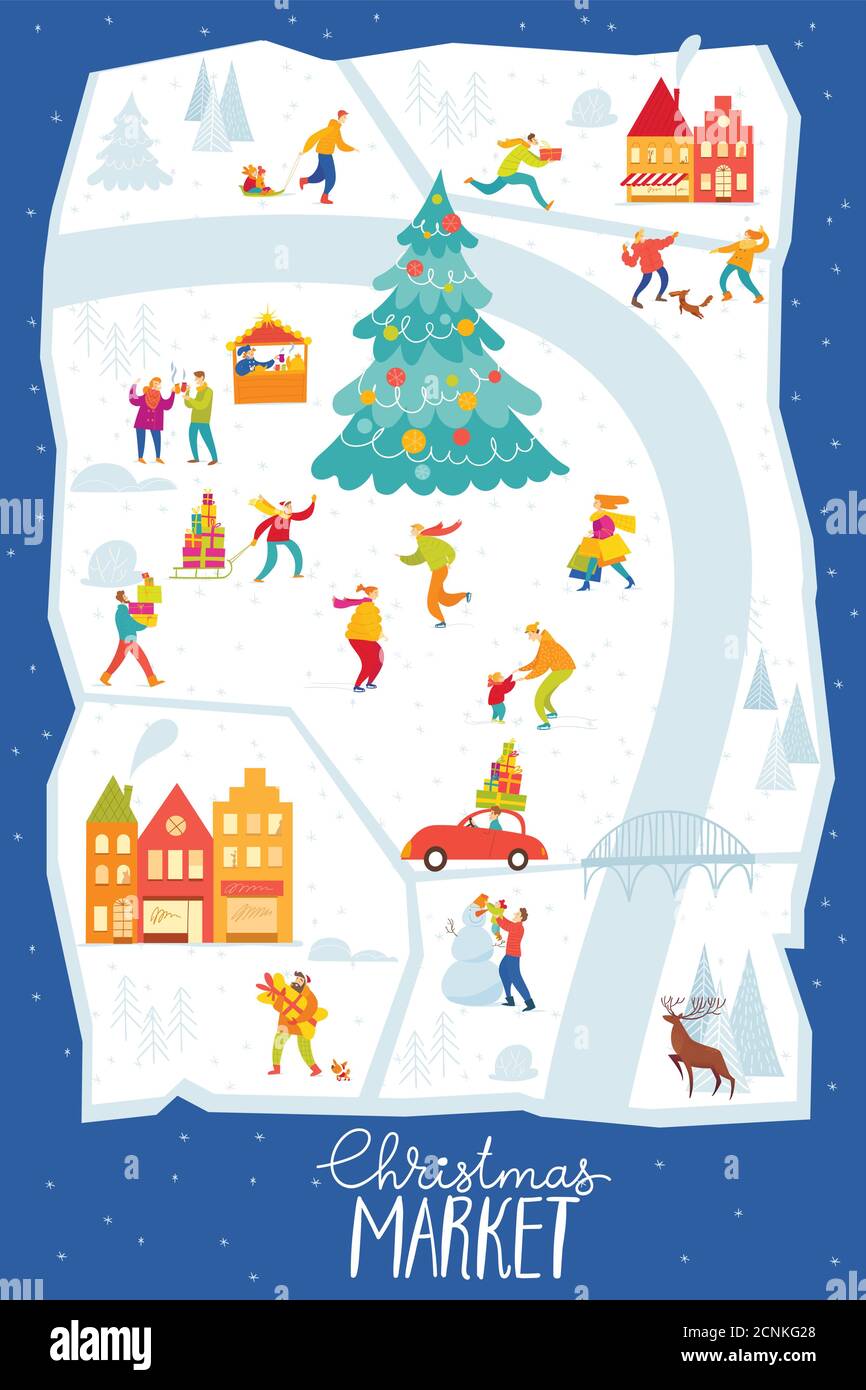 Poster del mercatino di Natale con mappa della città e le persone che svolgono attività invernali. Illustrazione Vettoriale
