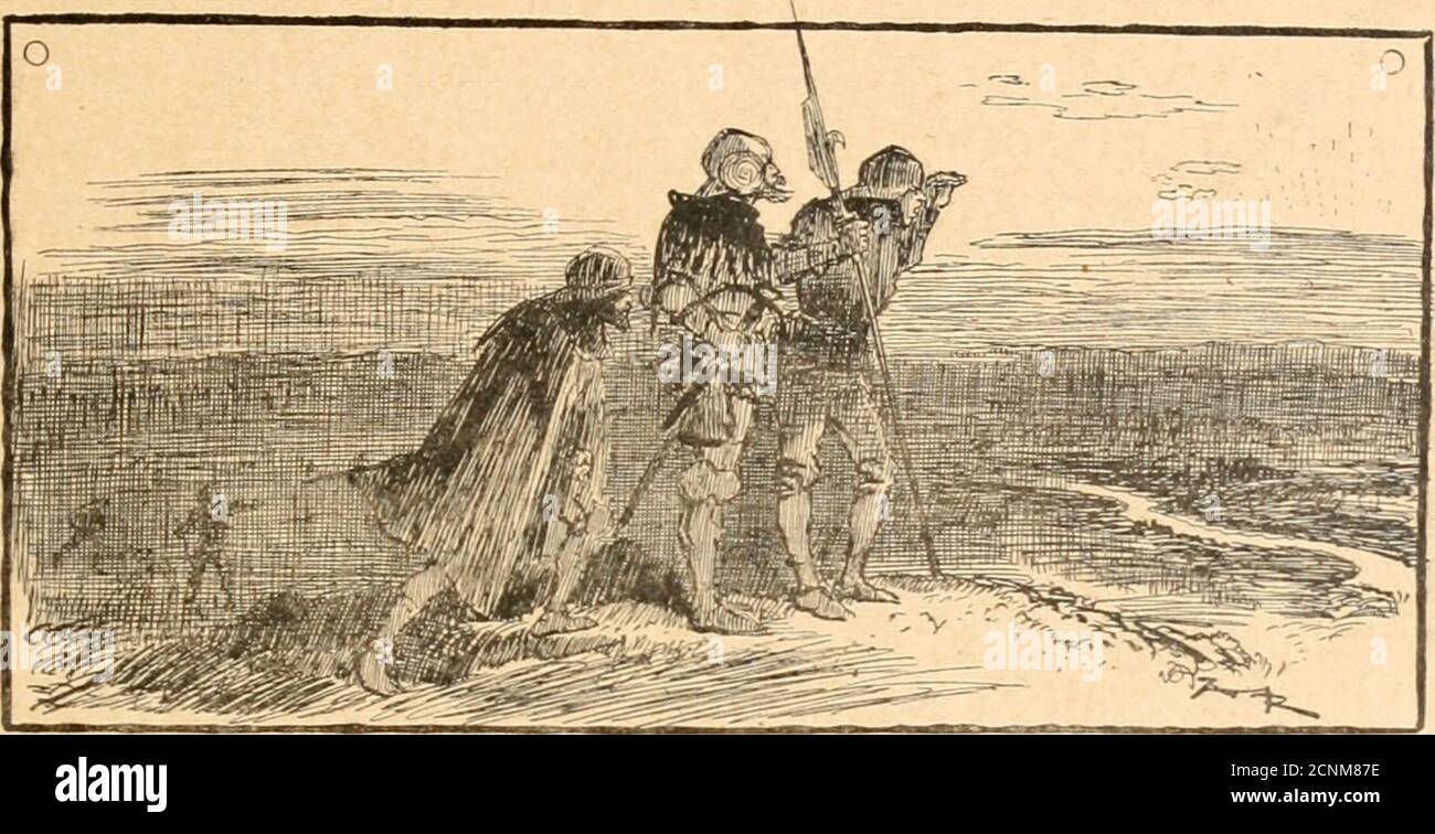 . 1430; . s les uns des autres, faites silence etgagnez vivement le bout du bois. Par bonheur, au bout du bois, Jehan rencontra un terrainen partie défriché, encore rempli de broussailles, avec degrosses souches çà et là, et des troncs abattus. Più loin, lesol sescarpait, formant une ligne de collines ondulées.Courbé, sautant de buisson en buisson, presque à quatrepattes parfois, évitant les points éclairés, Jehan atteignit lehaut de la colline. 11 était temps, les routiers sortaient dubois. Il les vit après un court conciliabule gravir la penteen schionant chaque trou, chaque replica broussaille Foto Stock