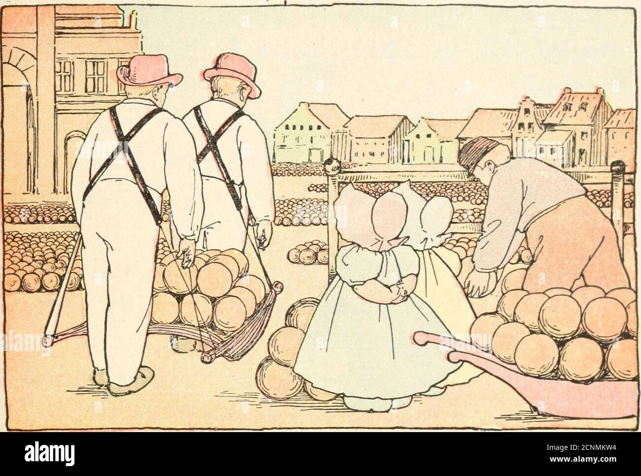 . I bambini del sunbond in Olanda; un secondo lettore. La cameriera stava mungendo i thecows. Tali quart e quart di ricco, creamymilk come stava ottenendo! Sulle pareti della stanza appese ottone scintillante 98 I BAMBINI SUNBONNET IN OLANDA padelle e caraffe e graziose caraffe blu e bocce. Sopra è stato tenuto il fieno per alimentare thecows in inverno. La camera era pulita e dolce come la cucina delle nonne. Bene, che cosa pensate della mia mucca par-lor? ha chiesto nonno. È semplicemente incantevole! Ha detto Molly. E OH, nonno, possiamo vedere dove la cameriera sta asciugando le due padelle di latte su quel queeryoke? Perché, sì, è gin Foto Stock