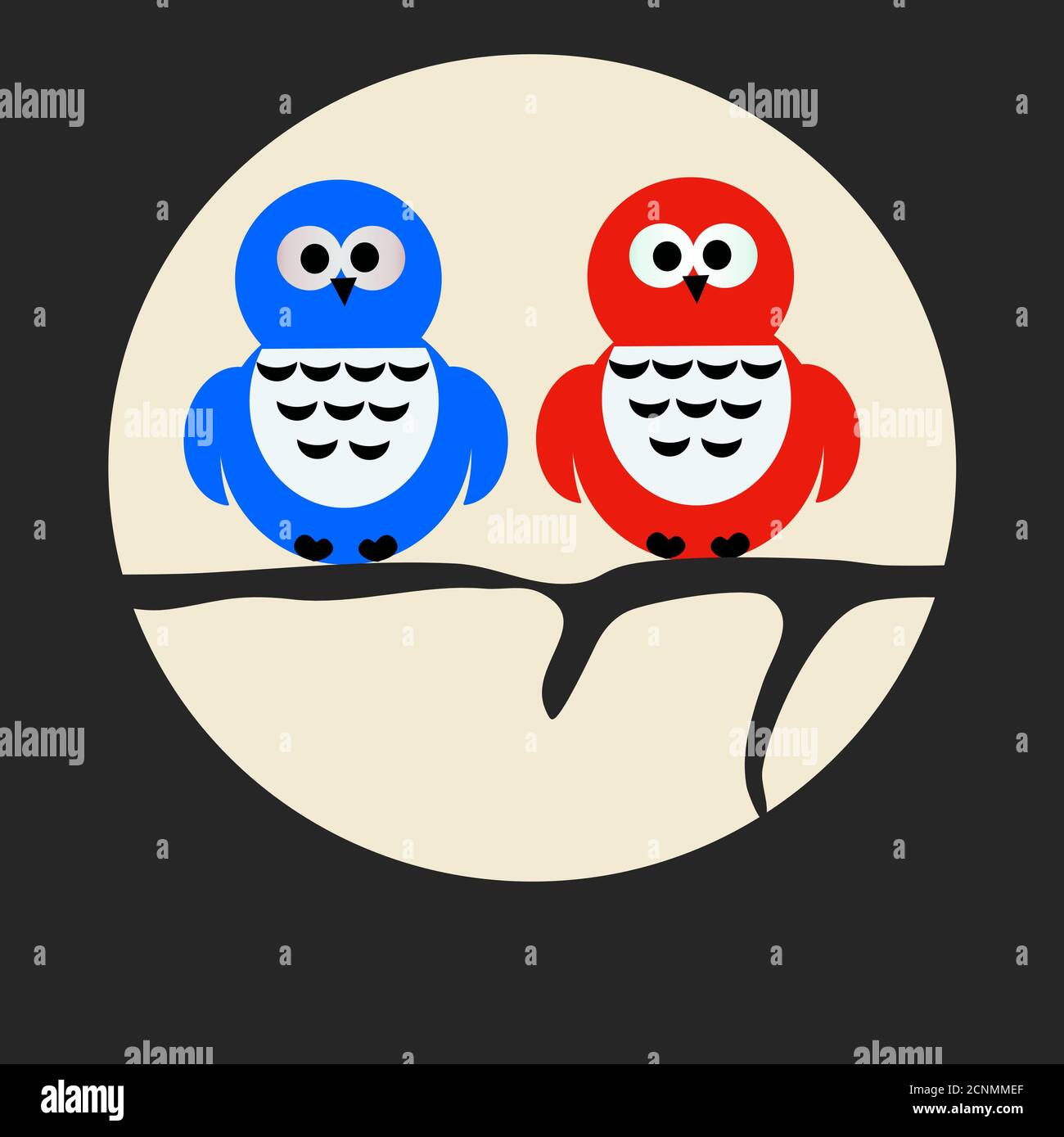 Illustrazione di due gufi al chiaro di luna di notte Foto Stock