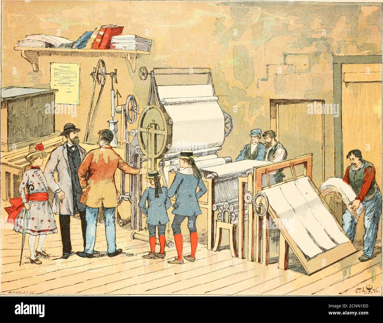 . Nouveau Voyage en France; conversazione . CHAPITRE TROISIÈME VOSGES EPINAL. La Fabrication du Papier. La Fabrication des Instruments de Musique.la Maison de Jeanne DARC. Ze Bain romain de Plombières. Rinval à fit remarquer à sa famille la jolie situation de la ville,que la Moselle partage en trois quartiers principaux : la grande ville, sur la rive di-oite della rivière; la petite ville, entre le lit principal de la rivière et le canal, et le faubourg derilospice, situe sur la rive gauche du canal. CES diffrérents quartiers sont affida entre eux parplusieurs ponts, Foto Stock