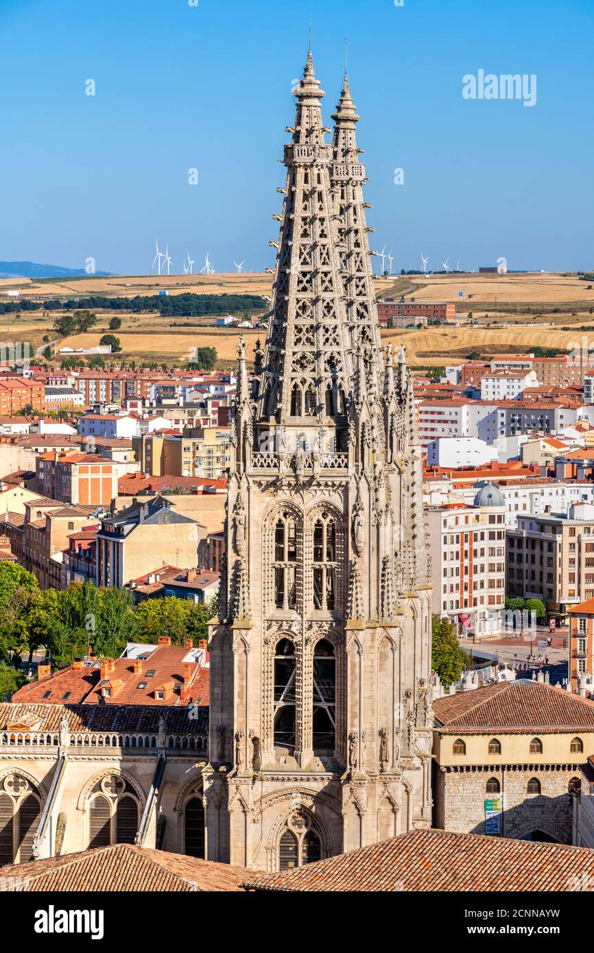 Cattedrale di Santa Maria di Burgos e skyline della città, Burgos, Castiglia e Leon, Spagna Foto Stock