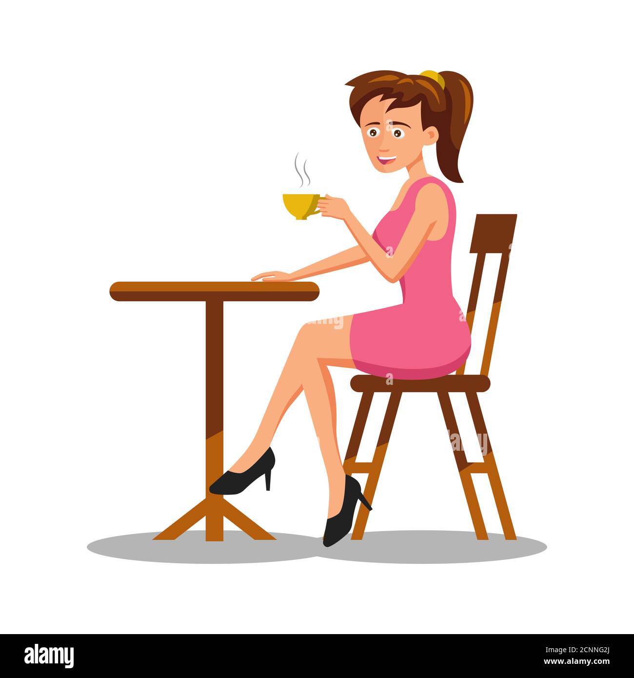 disegno piatto del carattere cartoon della donna che beve il caffè, illustrazione vettoriale Illustrazione Vettoriale