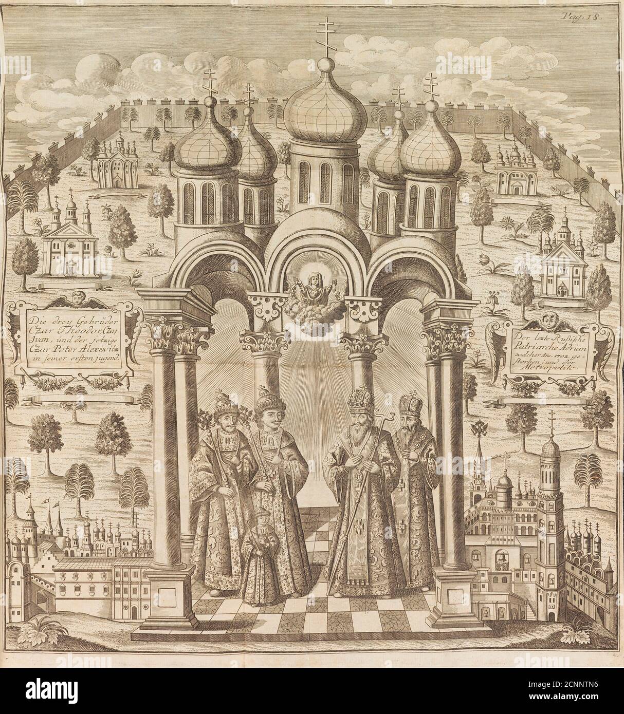 Feodor III, Pietro i, Ivan V e il Patriarca Adrian I. di "Das veraenderte Russland" (l'attuale Stato della Russia), 1721. Collezione privata. Foto Stock