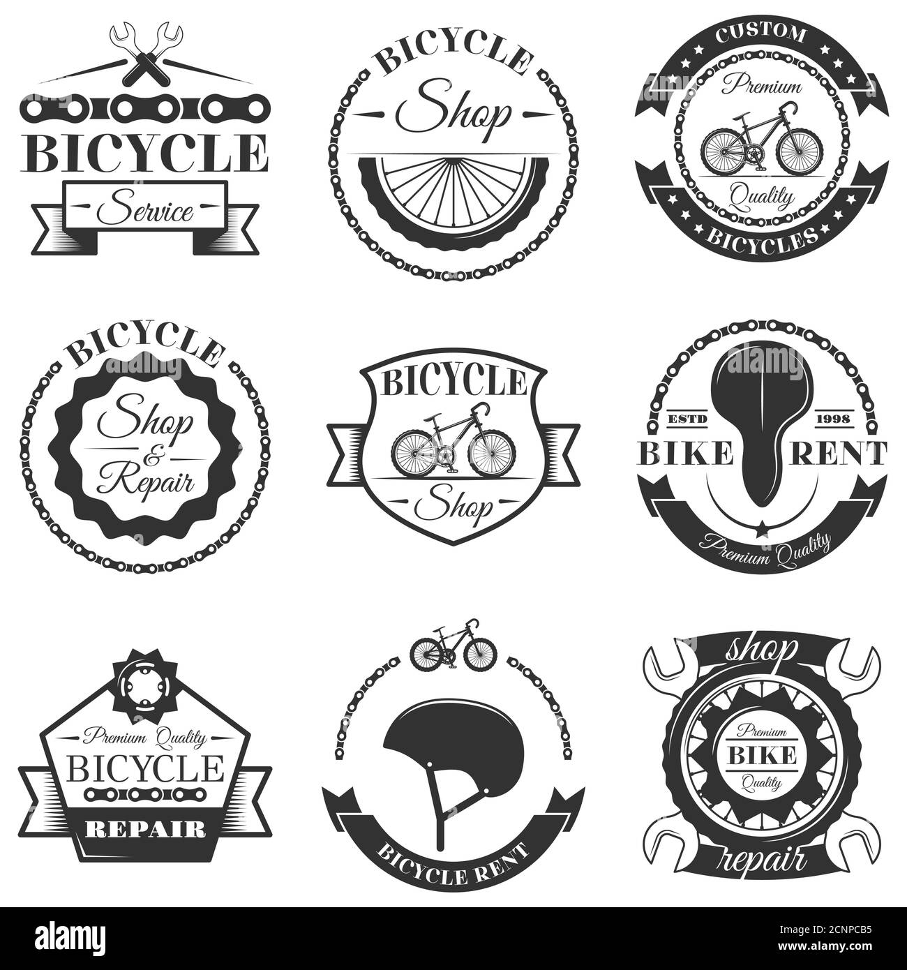 Set vettoriale di etichette per officine di riparazione biciclette ed elementi di design in stile bianco e nero vintage. Logo della bicicletta Illustrazione Vettoriale