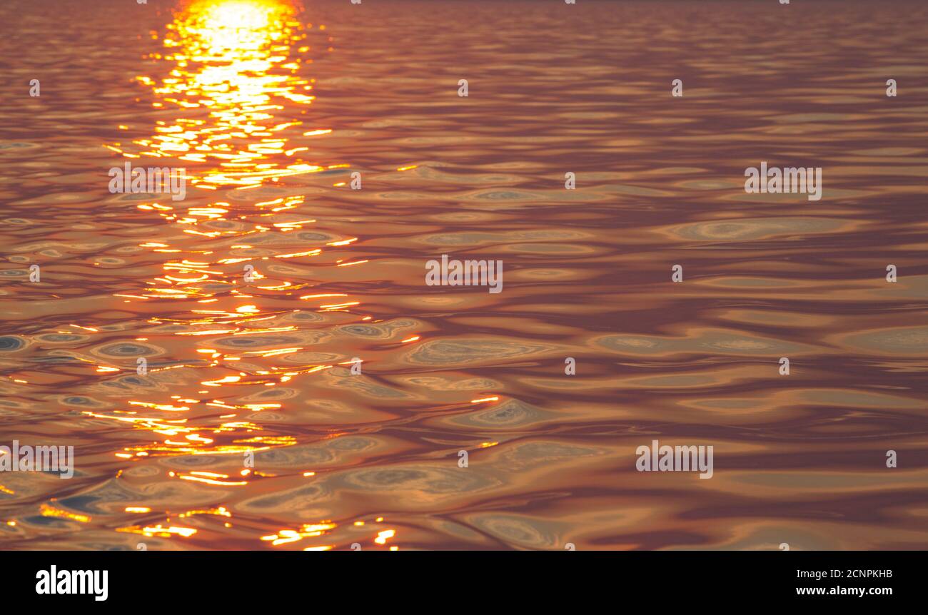 Un tramonto riflesso sul mare al largo della costa del sud Devon. Inghilterra GB Foto Stock